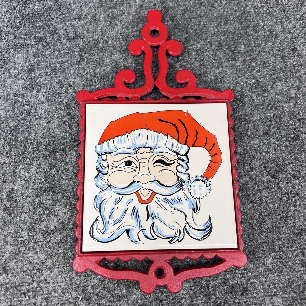 Red Enesco Cast Iron Trivet Santa Claus Winking Ceramic Tile Christmas Decor